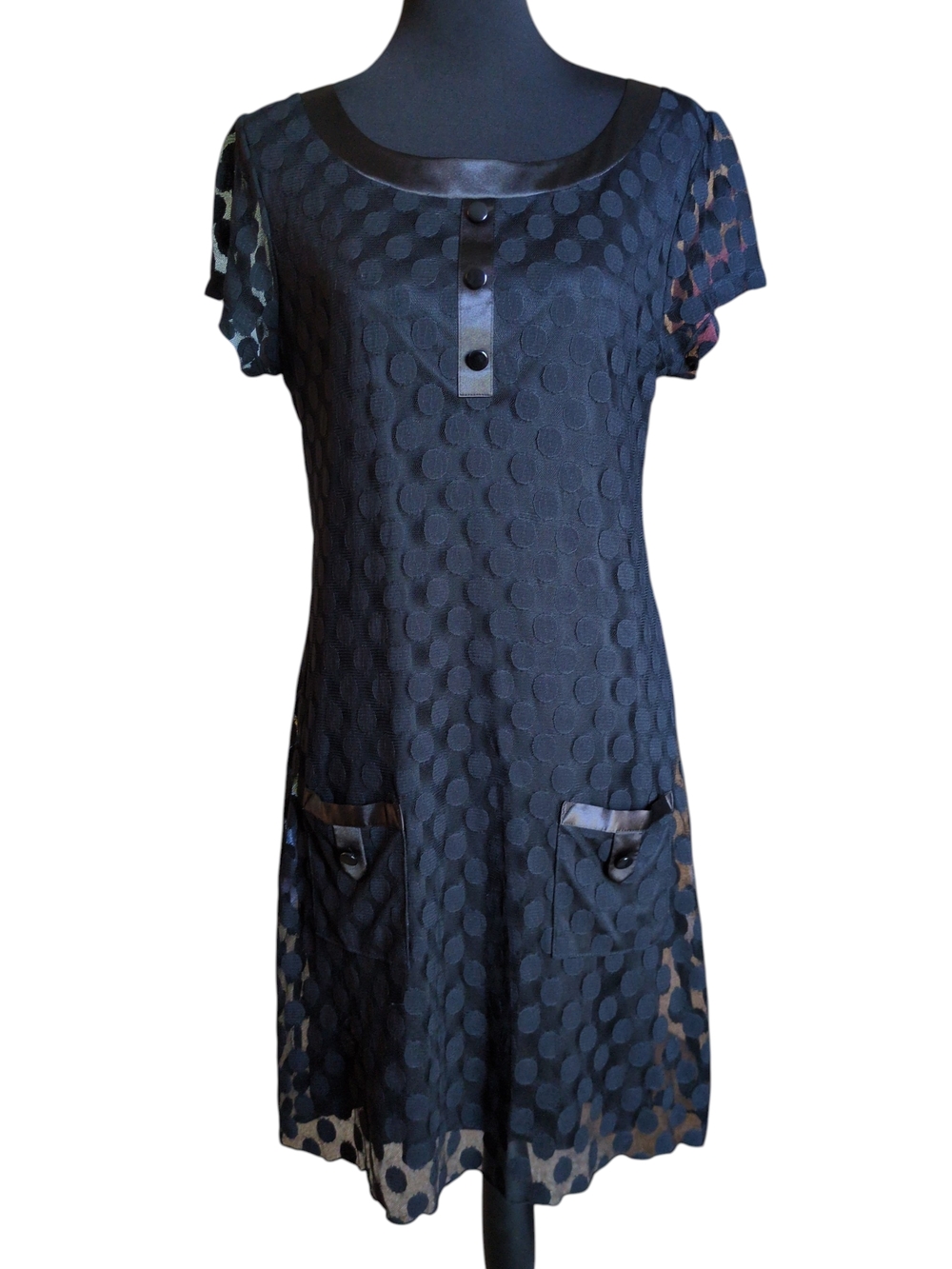 Enfocus Studio Black Dot-Textured Short Sleeve Mini Dress